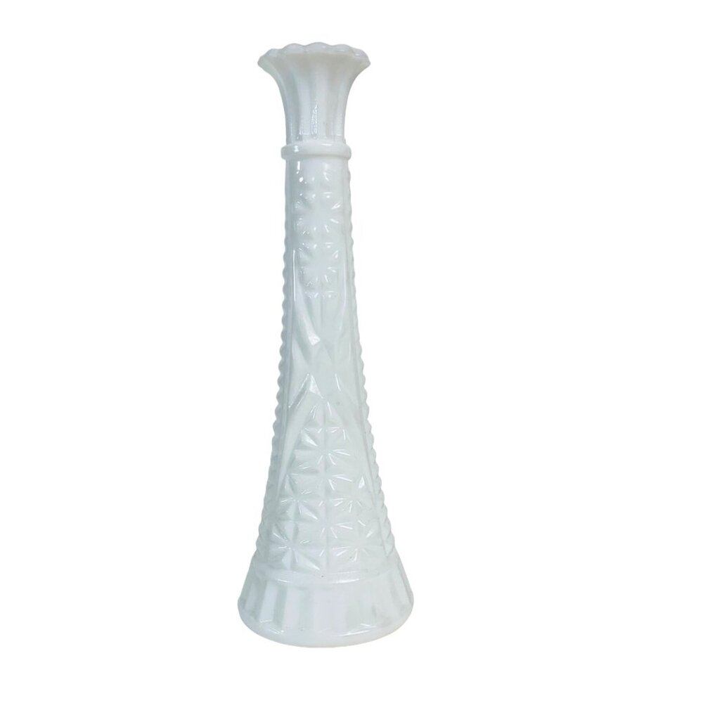 Wedding Shower Vase White Milk Glass Bud Vase 9" Textured Stars Bars Home Decor